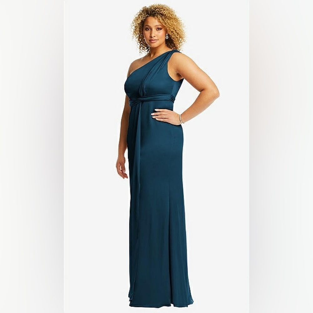 New Dessy Collection ONE SHOULDER DRAPED TWIST EMPIRE WAIST TRUMPET GOWN 18 R1 - Picture 2 of 6